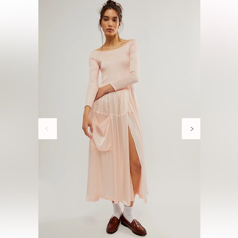 NWT Free People Lucky Love Midi Dress Smocked Satin Feminine Coquette Romantic